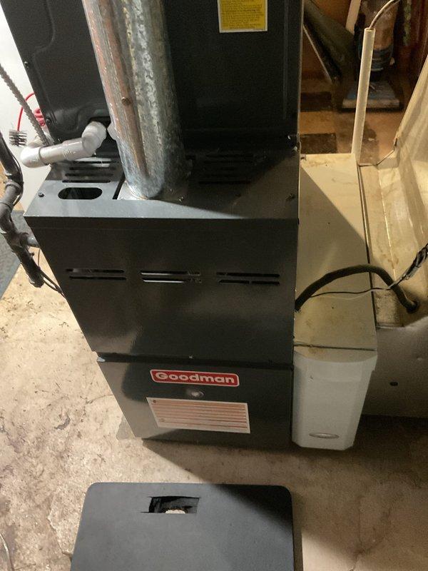 Performed scheduled heating maintenance on Goodman furnace system. Inspected the unit, ductwork, and condensate drain lines; all components were found to be in good working condition. Noted customer requires a replacement filter, which will need to be supplied on follow-up visit.