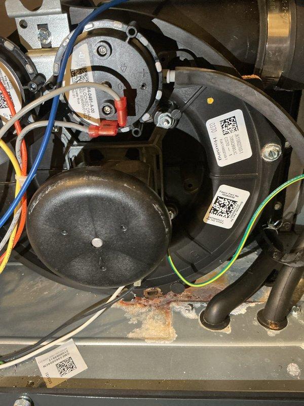 Responded to no-heat call for furnace less than 5 years old. Upon inspection of the blower motor assembly, identified faulty wiring connections and early signs of corrosion on the base mounting hardware. Repaired electrical connections, cleaned corrosion, and verified proper system operation with successful heating cycle completion.