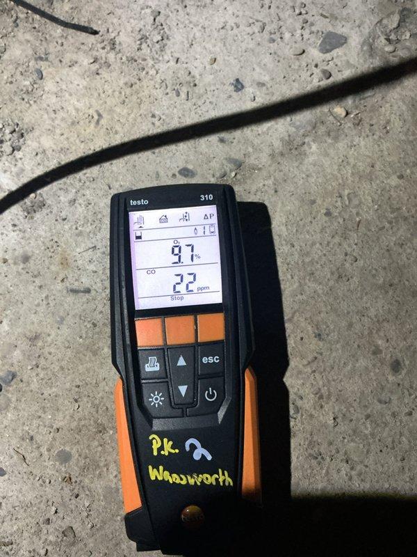 Performed scheduled heating maintenance on furnace system. Conducted combustion analysis using Testo 310, confirming 97% efficiency with CO levels at 22 ppm, which is within acceptable parameters. Inspected internal components including wiring connections and circuit board - all found to be in proper working order. Customer requesting quote for duct cleaning service.