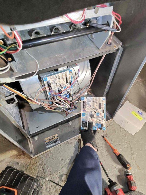 Responded to no-heat call for furnace under 10 years old. Diagnosed faulty control board causing system failure. Removed and replaced control board, restoring proper operation and heat to the residence.