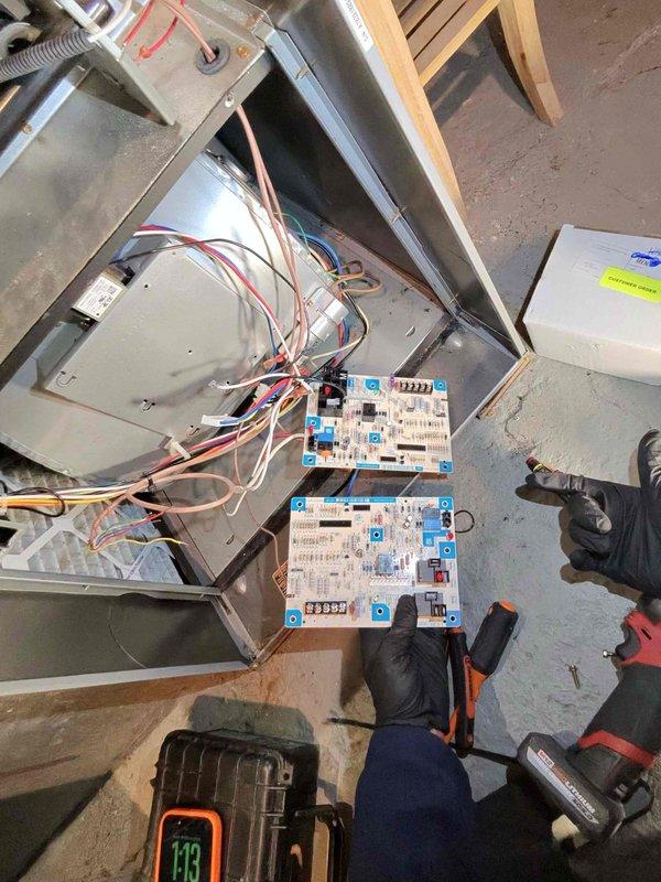 Responded to no-heat call for furnace under 10 years old. Diagnosed faulty control board causing system failure. Removed and replaced control board, restoring proper operation and heat to the residence.