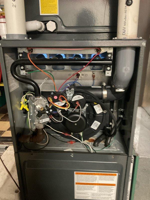 Performed routine maintenance on residential furnace system, inspecting blower motor assembly, circuit board connections, and gas valve components. Verified all electrical connections were secure with proper wire routing, and confirmed ventilation system was functioning correctly. No issues identified during comprehensive inspection; system is operating within normal parameters.