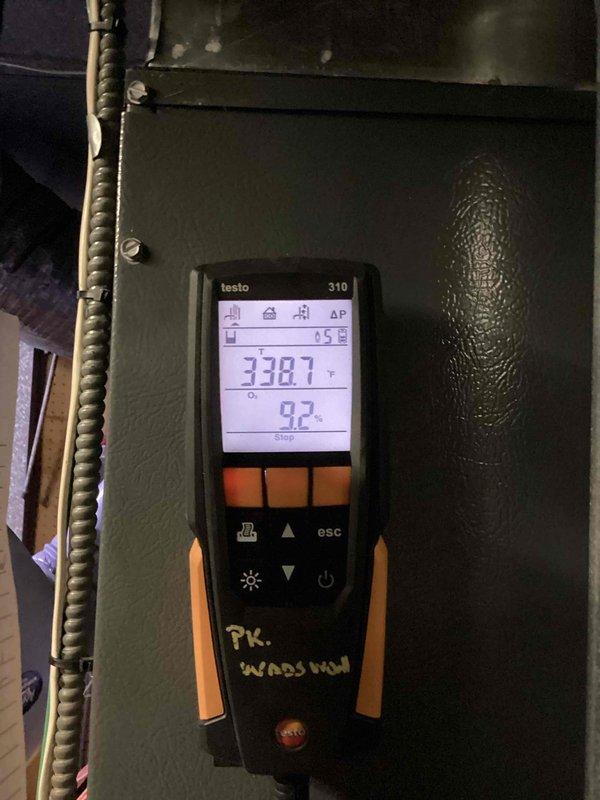 Performed scheduled heating maintenance on furnace system. Conducted comprehensive diagnostic testing using Testo 310 analyzer to verify proper combustion efficiency (9.2%) and temperature readings (33.8°F). Inspected internal components with access panel removed, ensuring proper operation of all mechanical and electrical elements.