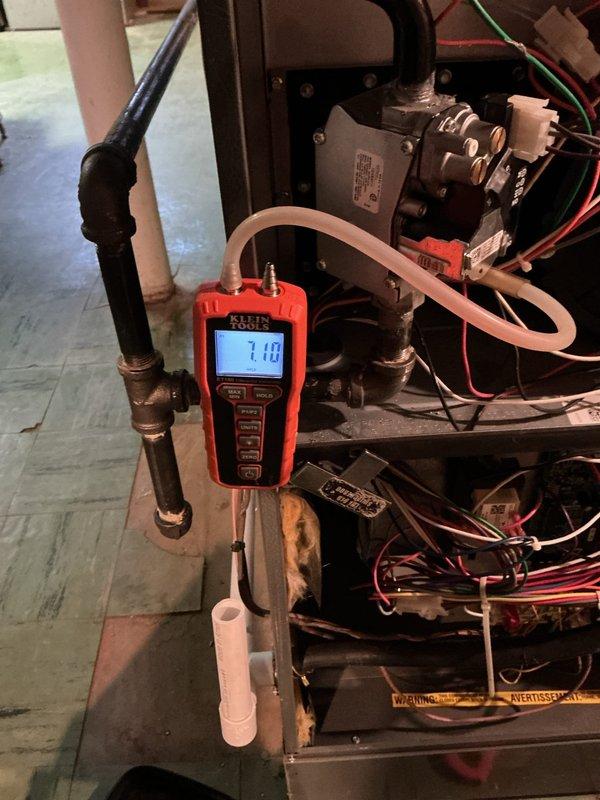 Responded to no heat complaint on system that recently had gas valve replacement. Diagnostic testing with digital manometer showed 7.10" WC gas pressure. Inspected control board wiring connections and verified proper operation after recent power outage. System restored to normal heating function.
