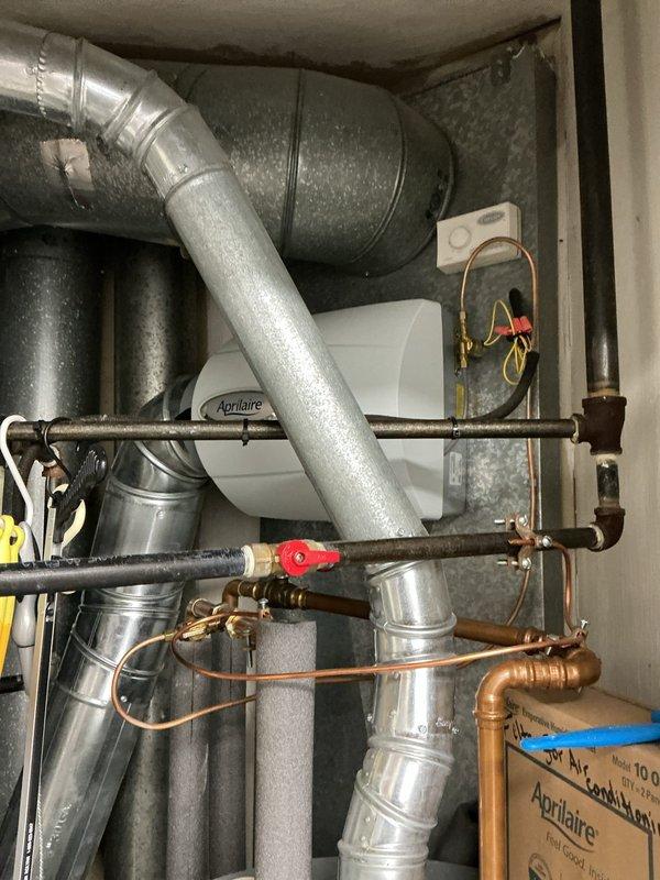 Performed scheduled heating maintenance on Amana furnace system with connected Aprilaire humidifier. Inspected all components including ductwork, PVC ventilation, copper lines, electrical connections, and control systems. All equipment functioning properly with no issues identified; system is operating at optimal performance.