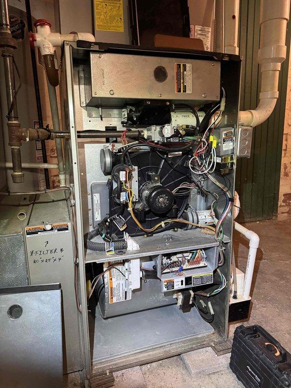 Responded to no heat complaint on aging system (10+ years). Upon investigation of furnace, found failed control board with visible damage to relay contacts and discolored wiring. Replaced main control board, verified proper voltage to all components, and tested system through multiple heating cycles. Unit now functioning properly with normal flame sequence and appropriate blower operation.