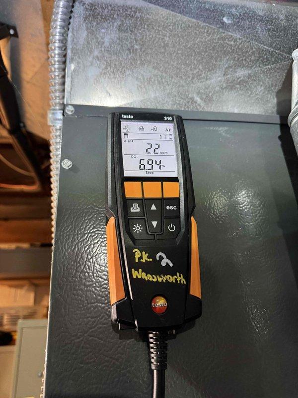 Performed scheduled heating maintenance on furnace system. Conducted thorough inspection of internal components including blower motor, heat exchanger, and control board. Completed combustion analysis with Testo 310 analyzer showing acceptable readings of 2.2% O2 and 694 ppm CO2, confirming proper operation of heating system.