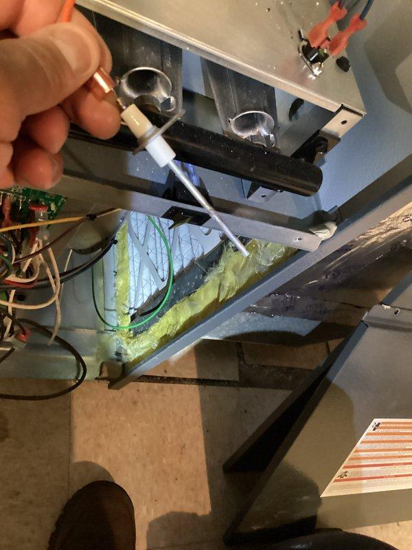 Performed comprehensive heating system maintenance including inspection of circuit board components and electrical connections. Conducted diagnostic testing using specialized probe tool to verify proper operation of temperature sensors and control systems. Applied necessary maintenance to ensure optimal performance of the heating unit.