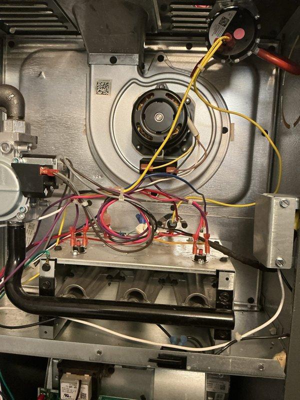 Responded to no heat call for aging system (10+ years). Inspected control board and wiring connections, identifying faulty circuit board as source of failure. Replaced PCB and verified proper operation of blower motor assembly and pressure switch, restoring heating function to normal operation.