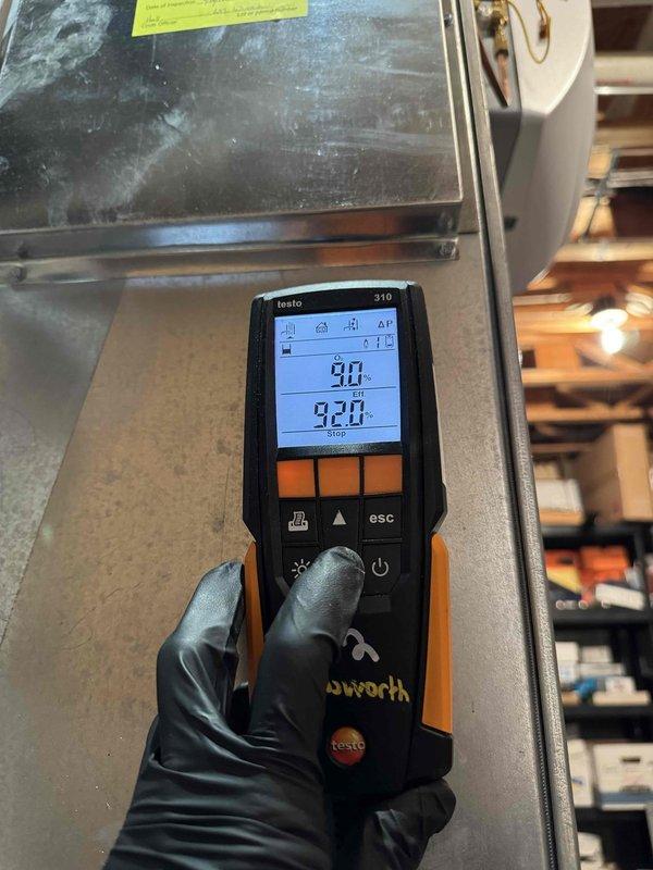 Performed scheduled heating maintenance on furnace system. Conducted comprehensive inspection of internal components including electrical connections, control boards, and fan assembly. Utilized Testo 310 analyzer to verify combustion efficiency readings of 90.0/92.0, confirming system is operating within manufacturer specifications.