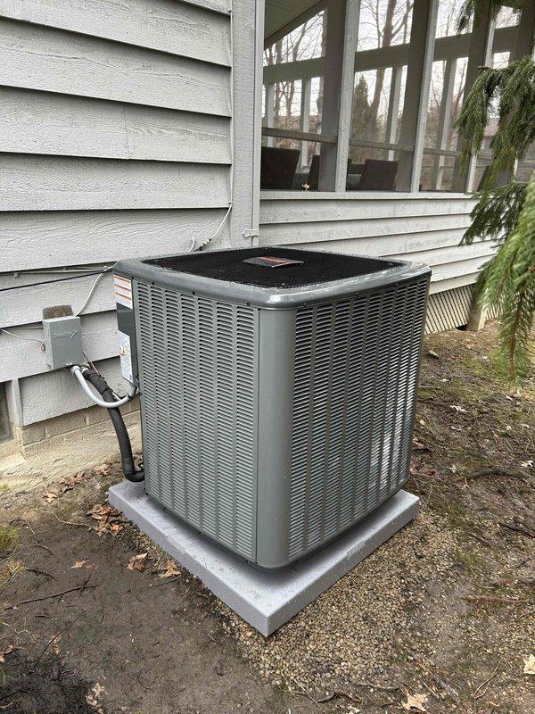 Successfully installed a complete 96% efficiency furnace system with AC, humidifier, and tankless water heater. The outdoor condenser unit was properly mounted on a concrete pad with all necessary electrical and refrigerant line connections. Interior installation included copper piping configuration with PVC venting for the high-efficiency appliances, with all systems tested and confirmed operational.