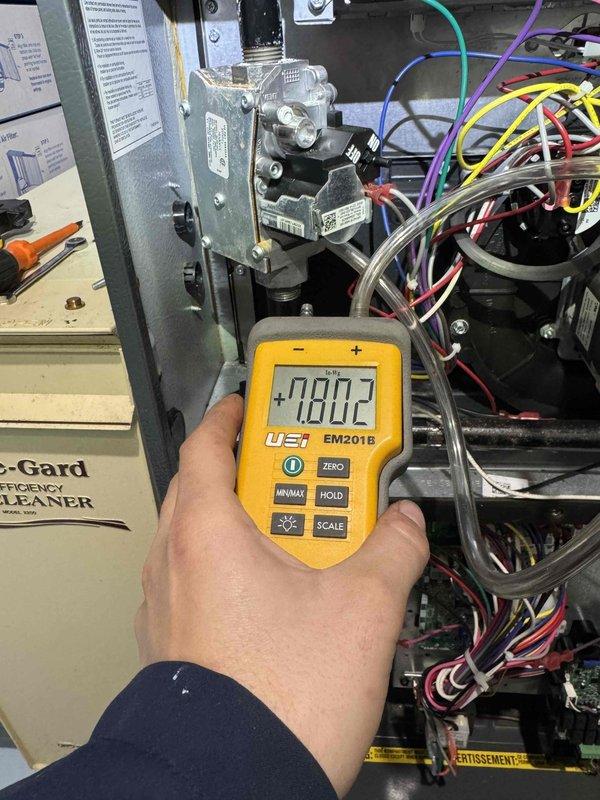 Performed routine heating maintenance on furnace system. Conducted electrical testing on control board connections using UEI EM201B multimeter, confirming proper voltage readings. Inspected and verified integrity of all wiring connections to ensure optimal system performance.