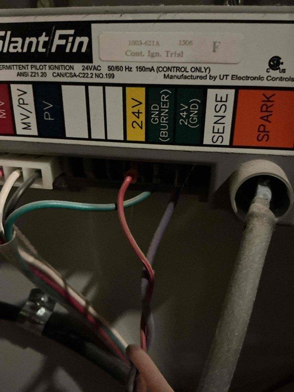 # Service Report

Responded to commercial no heat call. Performed diagnostic inspection of furnace system and identified issue with Vigilant Fin intermittent pilot ignition control module. Inspected control board connections, flame sensor assembly, and associated wiring. Found compromised electrical connections with visible corrosion on metal fittings and aged wiring harnesses affecting system operation. Documented equipment condition including control board specifications (24VAC 50/60 Hz intermittent pilot ignition system) and connection points for spark, sense, and burner circuits. Provided diagnostic findings and recommendations to service manager for repair authorization.