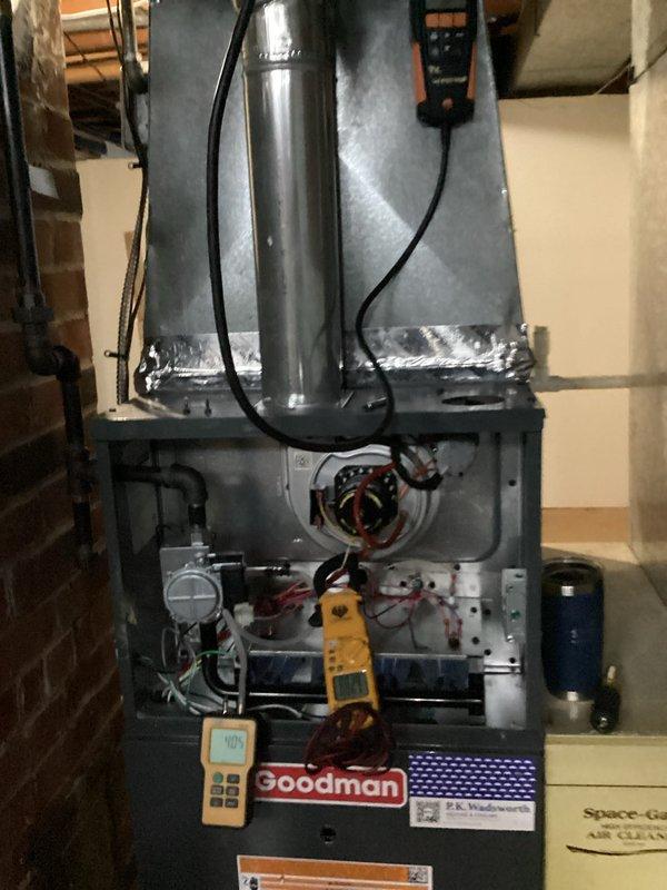 Completed first-year preventative maintenance visit on Goodman furnace system. Performed comprehensive system diagnostics using combustion analyzer (Testo 310) to verify proper air-fuel mixture and measure flue gas temperatures, confirming optimal combustion efficiency with readings within manufacturer specifications. Conducted full operational testing with digital multimeters and diagnostic equipment to assess electrical components, control board functionality, and safety systems, verifying all parameters are operating correctly for the heating season.