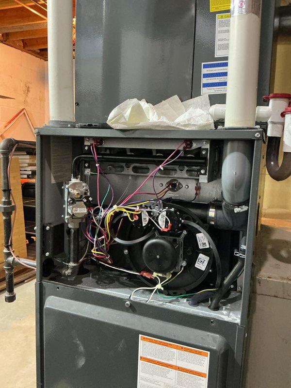 Completed routine heating maintenance on residential gas furnace system. Performed comprehensive inspection of internal components including blower motor assembly, electrical connections, gas valve, and control mechanisms with all wiring and connections verified for proper operation. Unit tested and confirmed to be functioning within normal parameters.