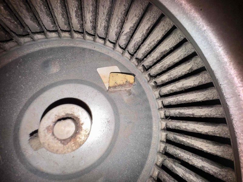 Completed scheduled heating maintenance on system over 10 years old. Inspected blower assembly and found significant dust and debris accumulation on blower wheel blades and housing, which was restricting airflow and reducing system efficiency. Cleaned blower wheel, removed lint buildup from components, and verified proper operation of heating system before departure.