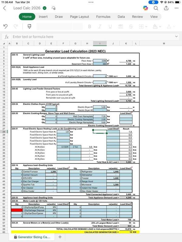 Performed on-site electrical assessment for standby generator installation. Evaluated existing gas meter location and service entrance configuration to determine optimal generator placement and fuel source connection point. Completed comprehensive load calculation per 2023 NEC Article 220 requirements, analyzing general lighting loads, small appliance circuits, laundry loads, electric cooking equipment, HVAC systems, and motor loads to establish total calculated demand load of 13,878 VA. Determined appropriate generator sizing based on electrical load analysis and documented existing utility infrastructure conditions with photographic records for proposal preparation.