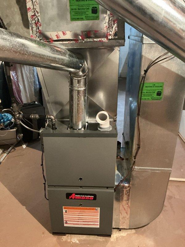 Completed routine heating maintenance on residential Amana furnace system. Performed comprehensive inspection of unit, ductwork, and ventilation components, verifying proper operation of all mechanical and electrical systems. Replaced heavily soiled air filter with new filter, removing significant dirt and debris accumulation that was restricting airflow. Confirmed all duct connections are secure with proper insulation and sealing, condensate drainage system functioning correctly, and exhaust/intake piping properly installed. System tested and operating within manufacturer specifications.
