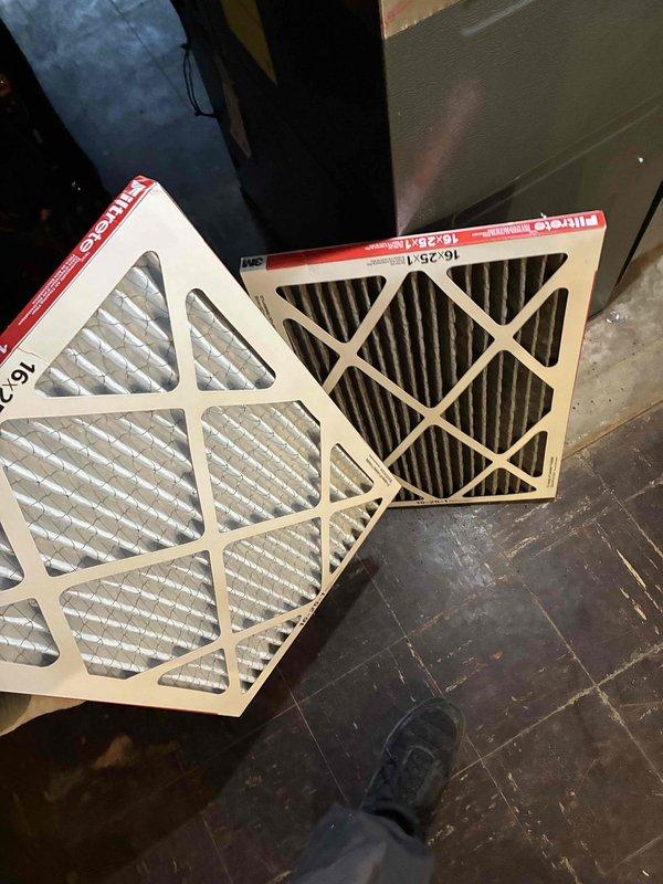 Completed scheduled heating maintenance on residential forced-air furnace system. Performed comprehensive system inspection including visual examination of unit condition, ductwork connections, and PVC venting configuration. Replaced dirty air filter with new 16x25x1 pleated filter to restore proper airflow and system efficiency. Verified all manufacturer specifications and safety labels were intact and legible on unit panels. Documented existing floor staining around equipment base for homeowner awareness. System operational and functioning within normal parameters upon completion of maintenance service.