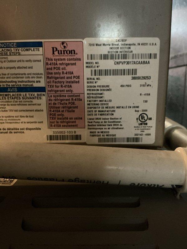 Completed scheduled heating maintenance on Carrier HVAC system, model CNPVP3017ACAABAA, utilizing R-410A refrigerant. Performed comprehensive inspection of air handler unit, including blower motor assembly, heat exchanger components, and evaporator coil. Verified all electrical connections, checked manufacturer specifications against operational parameters, and documented system condition through photographic records. Unit found to be operating within normal parameters with no immediate service requirements identified.