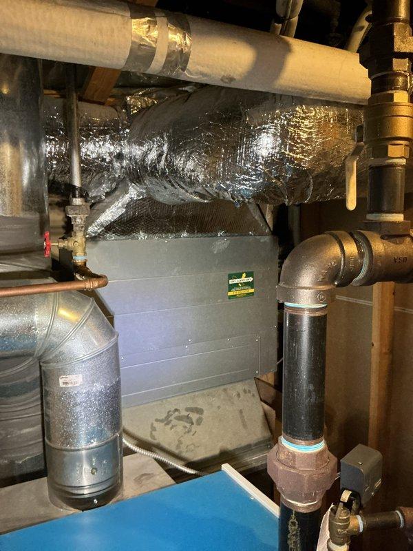 Completed comprehensive MVP boiler maintenance inspection and service in mechanical utility space. Performed visual inspection of boiler system, air handler unit, associated ductwork, PVC condensate drainage lines, copper supply lines, and shut-off valves. All components found operating within normal parameters with no immediate service needs identified at time of inspection.