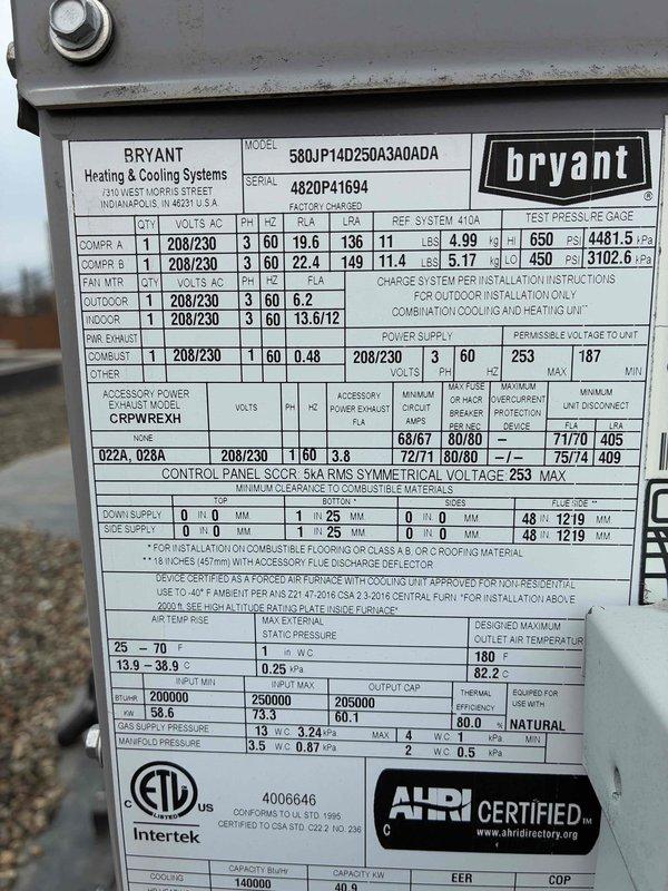Responded to no heat call for two rooftop units unable to maintain temperature above 61°F despite thermostats set to 90°F. Inspected Bryant RTU model 580JP14D250A3A0ADA and verified electrical components including disconnect box with three Tri-onic TR70R 70A 600V fuses, all found in proper working condition. Also inspected additional rooftop unit as requested to ensure all HVAC systems were operational.