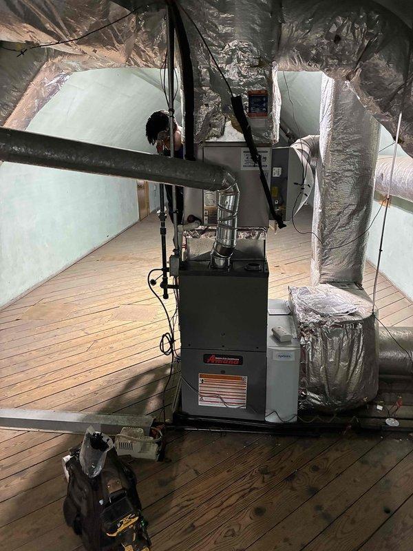 Completed installation of 80% efficiency furnace in attic space with associated ductwork and ventilation components. Installed new metallic insulated ductwork, PVC condensate drainage system, and electrical connections, ensuring proper integration with existing HVAC infrastructure. Payment collected in full by check upon completion.