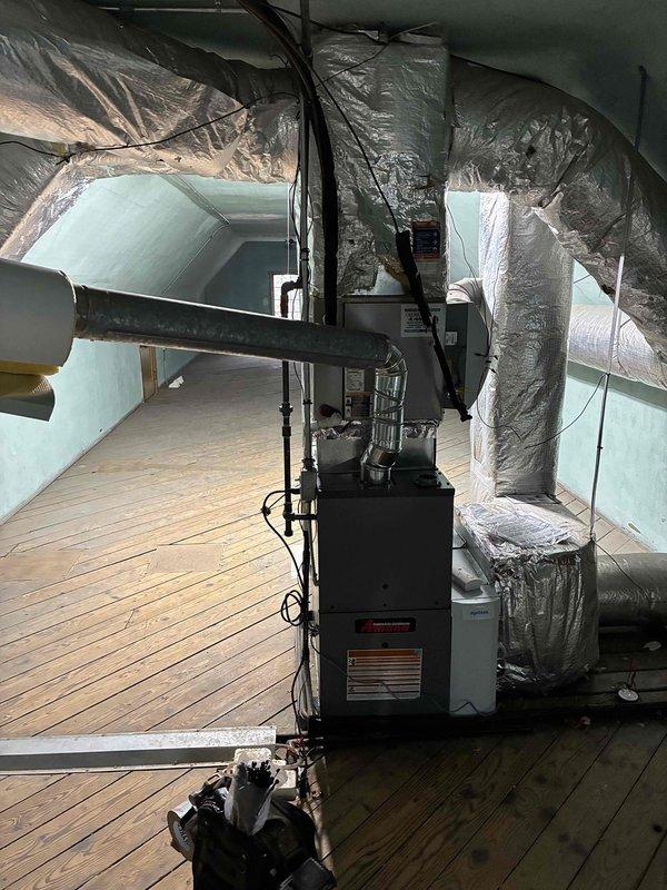 Completed installation of 80% efficiency furnace in attic space with associated ductwork and ventilation components. Installed new metallic insulated ductwork, PVC condensate drainage system, and electrical connections, ensuring proper integration with existing HVAC infrastructure. Payment collected in full by check upon completion.
