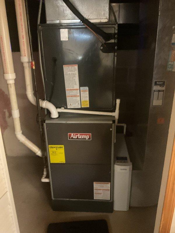 Completed scheduled heating maintenance on Airtemp furnace and air handler system. Performed comprehensive inspection of all components, verified proper operation of heating elements, checked electrical connections and safety controls, inspected condensate drainage system, and confirmed all manufacturer specifications and labels were intact and legible. System tested and operating within normal parameters.