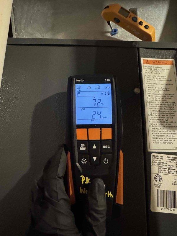Completed scheduled preventive maintenance on residential furnace system. Performed comprehensive inspection of heat exchanger, evaporator coil, and refrigerant lines, verifying all components were operating within manufacturer specifications. Conducted combustion analysis using calibrated testing equipment, confirming CO levels at 34 ppm and optimal combustion efficiency at safe operating parameters.