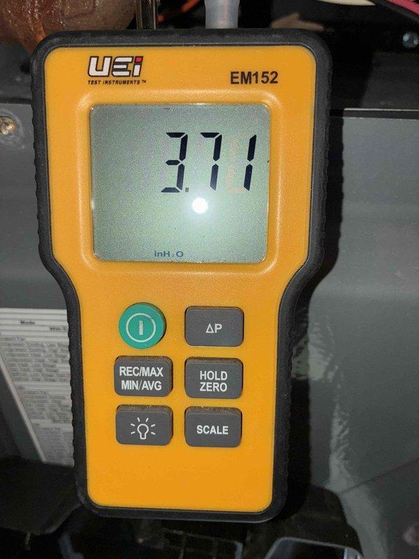 Performed comprehensive heating system maintenance and diagnostics. Conducted pressure differential testing using calibrated digital manometer, recording 371 inches of water column measurement to verify proper airflow and system performance. Completed electrical diagnostics with multimeter to assess voltage and amperage readings, confirming all electrical components operating within manufacturer specifications.