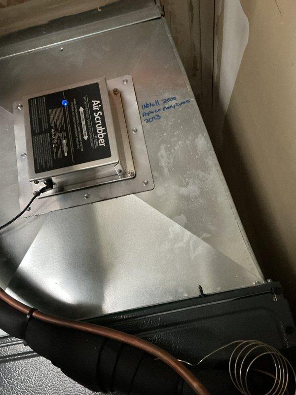 Responded to no heat call on residential furnace system. Upon arrival, customer reported unit failed to operate following recent maintenance visit. Performed diagnostic inspection of furnace and associated components. Inspected Air Scrubber unit mounted in air handler, verified proper installation and operation. Checked all electrical connections, thermostat communication, and safety controls. Examined condensate drain lines and PVC venting for proper operation and clearances. Verified gas supply, ignition system, and flame sensor functionality. System restored to normal operation with heat confirmed at registers.