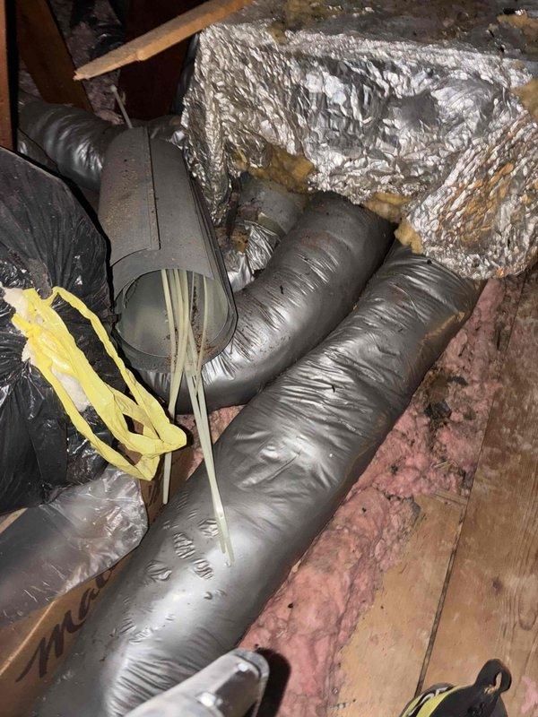 Responded to no heat call on aging Trane system that had been inoperative for two months. Performed diagnostic inspection of furnace and ductwork system in attic space. Documented condition of deteriorated flexible ductwork showing compression and potential separation at connection points, examined control board and ignition system components, and assessed overall system integrity. Customer had obtained two previous estimates and requested technical evaluation to compare findings before proceeding with repair or replacement decisions.