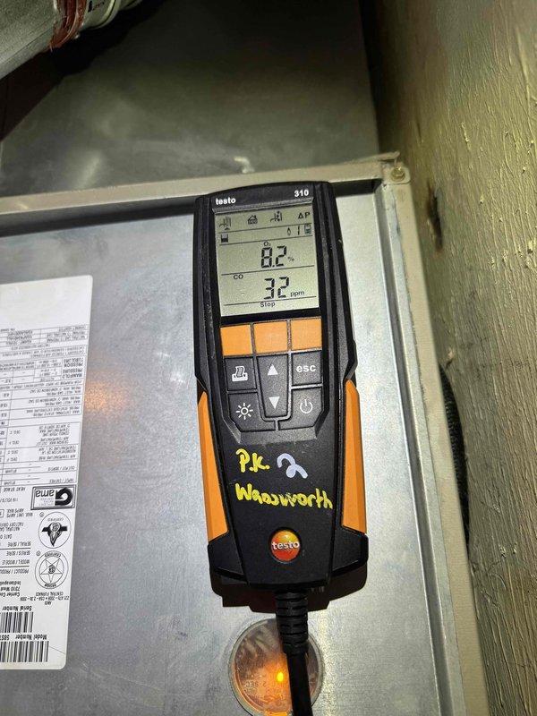 Responded to no heat call on residential furnace system. Upon arrival, accessed unit and performed diagnostic inspection of control board, electrical connections, and safety circuits. Conducted combustion analysis testing which revealed operational parameters, with readings indicating 82°F temperature and 32 ppm measurements on diagnostic equipment. Verified all wiring connections at control board terminals and inspected sequence of operations. System restored to proper heating operation and all safety controls confirmed functioning correctly.