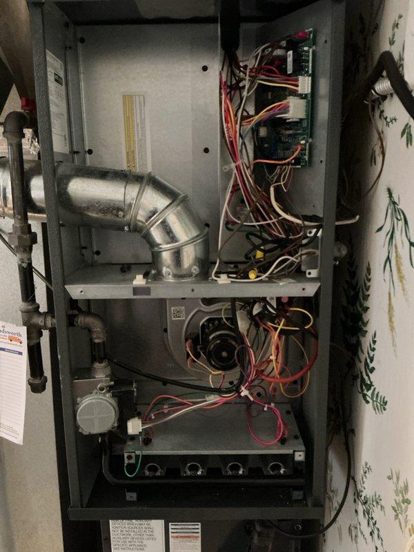 Completed annual preventative maintenance inspection on gas furnace system. Performed comprehensive system evaluation including visual inspection of internal components, ductwork connections, electrical wiring, control boards, blower assembly, and gas valve operation. Verified proper thermostat wiring connections at control board, checked all electrical terminations for secure contact, and confirmed furnace cabinet integrity and access panel condition. All components found operating within normal parameters with no immediate service needs identified.