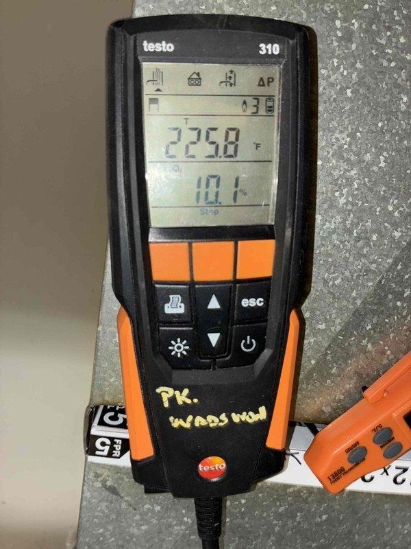 Completed first-year heating maintenance on system. Performed combustion analysis using Testo 310 analyzer, recording temperature differentials and verifying proper burner operation. Checked electrical components with digital multimeter to ensure system operating within manufacturer specifications.