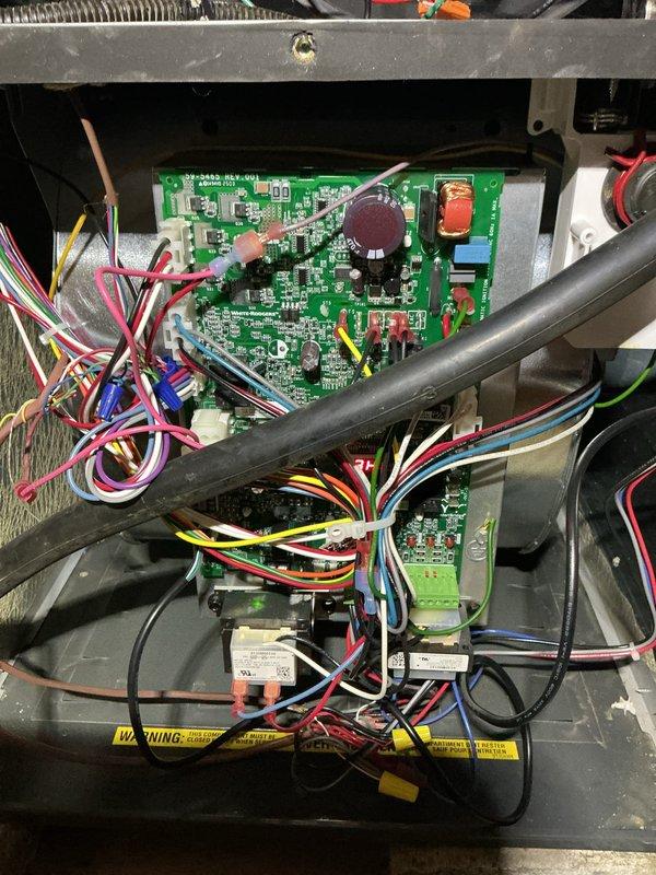 Responded to no-heat call with EE2 error code displayed on furnace control board and intermittent EA2 error from heat pump. Inspected control board and electrical connections, verified proper wire terminations at control module and relay assembly, and confirmed system restored to normal operation with all error codes cleared.