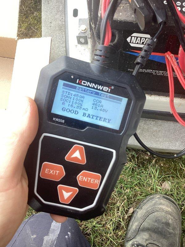 Performed scheduled preventive maintenance on Generac Evolution 2.0 standby generator system. Conducted comprehensive battery load test using digital analyzer, confirming battery health at 100% state of charge with 14.48V output and proper cold cranking amperage. Completed maintenance reset procedure through generator control panel and verified all system parameters within normal operating specifications.