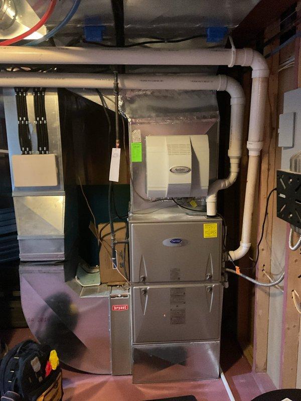 Completed comprehensive heating maintenance on two Carrier furnace systems. Performed thorough inspection of all internal components including blower motor assemblies, heating elements, burner assemblies, electrical connections, and wiring throughout both units. Verified proper operation of integrated humidifier system, checked condensate drainage lines, and ensured all safety controls and electrical connections were secure and functioning correctly.