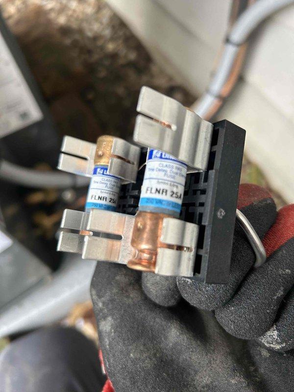 Completed installation of new black air handler unit in attic space with proper mounting and positioning. Installed and verified 250-amp rated FLNR fuses in disconnect assembly, connected flexible ductwork, and completed all electrical wiring connections including proper wire management and terminations. System inspected and confirmed operational with all manufacturer specifications met and balance collected upon completion.