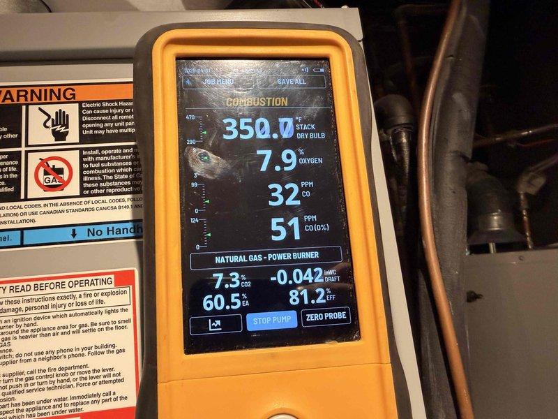 Completed heating tune-up for new homeowner, performing comprehensive system inspection and combustion analysis on natural gas furnace. Verified proper combustion efficiency with oxygen levels at 7.9%, carbon monoxide readings at 32 PPM, and stack temperature at 350°F, all within acceptable parameters. Documented all equipment specifications and serial numbers for maintenance tracking program enrollment.