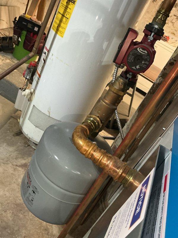 Completed comprehensive boiler heating system maintenance including inspection of circulator pump, expansion tank, pressure relief valve, and all copper piping connections. All components were found to be operating within normal parameters with no leaks detected, and system pressure was verified at proper levels for optimal heating performance.