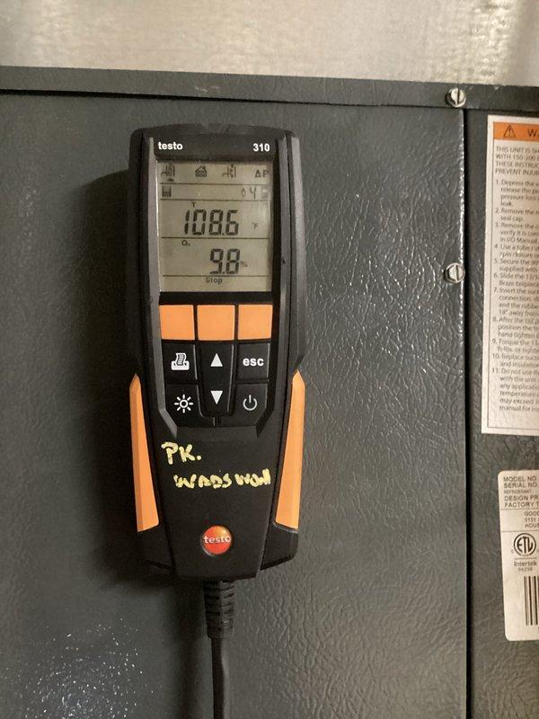Completed routine heating maintenance on system. Performed combustion analysis using Testo 310 analyzer and electrical diagnostics with clamp meter to verify proper system operation and efficiency. All measurements recorded within acceptable parameters and equipment found operating normally.