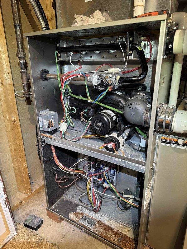 Completed comprehensive furnace maintenance and inspection on gas heating system. Performed thorough examination of all internal components including heat exchanger, burner assembly, blower motor, and control board; verified proper operation of all electrical connections and safety controls. System tested and confirmed operating within manufacturer specifications with no deficiencies noted.