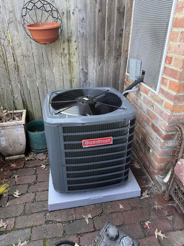 Completed full HVAC system installation including 80% efficiency gas furnace and air conditioning unit. Installed new Goodman outdoor condensing unit on concrete pad with proper clearances from structure and fencing. Mounted unit includes appropriate electrical disconnect and line set connections. Interior furnace installation completed with gas valve assembly, control wiring, and all necessary safety controls properly connected and secured. Performed system startup and commissioning procedures, including pressure testing with dual-port manometer to verify proper gas pressure readings at furnace inlet and outlet ports. All electrical connections, refrigerant lines, and condensate drainage installed per manufacturer specifications. System tested and operational, ready for service.