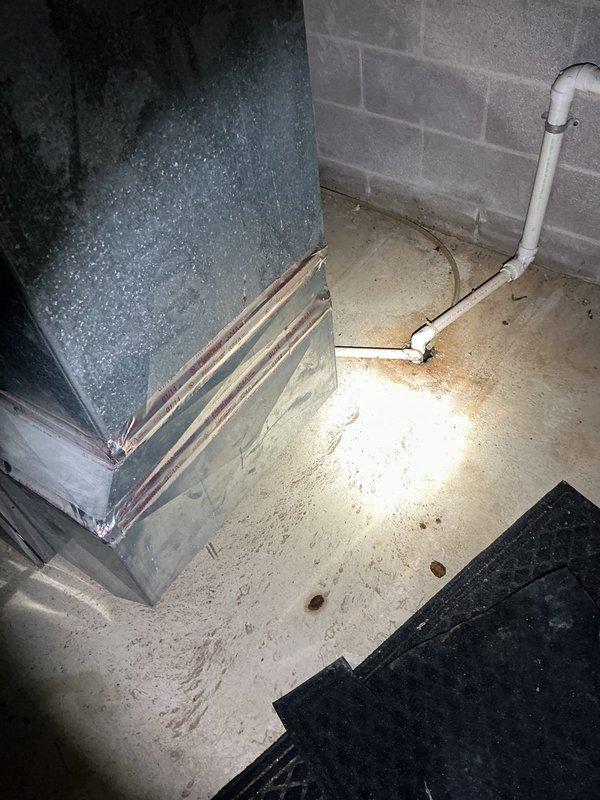 Responded to service callback for water heater installed 16 days prior that was not heating and had water pooling on floor around tank. Upon arrival, inspected tankless water heater installation and identified condensation accumulation on exterior of unit and moisture on concrete floor. Photographed conditions showing water droplets on unit casing, copper supply lines, PVC condensate drain piping, and wet floor areas. Diagnosed issue, performed necessary repairs to restore proper heating function and resolve water leakage. Verified system operation before departure.