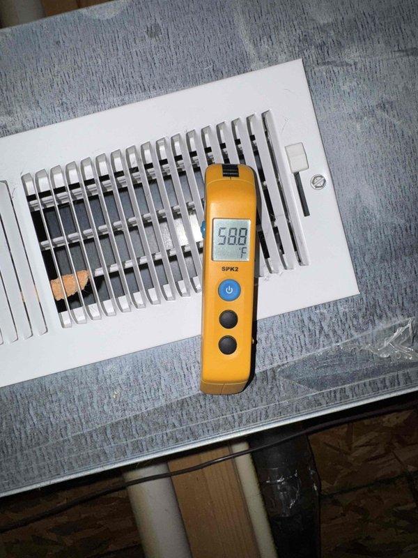 Completed comprehensive MVP maintenance on heating and cooling system. Performed airflow measurements at supply register using digital manometer, recording 588 CFM to verify proper system performance. Inspected and assessed condensate drain assembly for proper operation and drainage functionality.