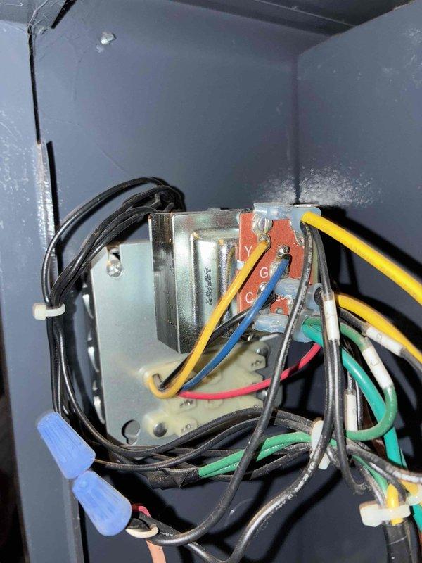 Completed comprehensive heating maintenance on two HVAC systems, including inspection of air handler units, ductwork, and electrical control components. Performed thorough examination of refrigerant lines, condensate drainage system, transformer connections, and control wiring, noting evidence of previous moisture accumulation on equipment platform. All systems tested and verified operational with proper electrical connections and secure component mounting.