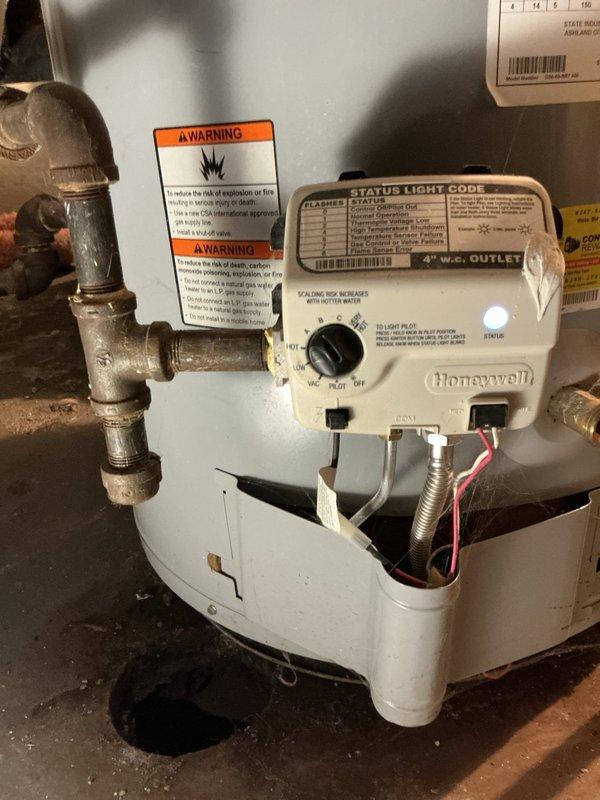Completed routine maintenance on residential tanked water heater, including full system flush to remove sediment buildup and inspection of all components. Verified proper operation of Honeywell gas control valve, tested temperature and pressure relief valve functionality, and confirmed expansion tank pressure and all copper piping connections were secure with no visible leaks.