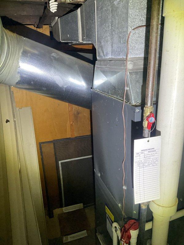Completed comprehensive heating system maintenance on residential furnace unit. Performed standard inspection of furnace components, ductwork connections, and associated mechanical systems including water treatment equipment and piping assemblies. All systems operational and maintenance documentation updated on service record card.